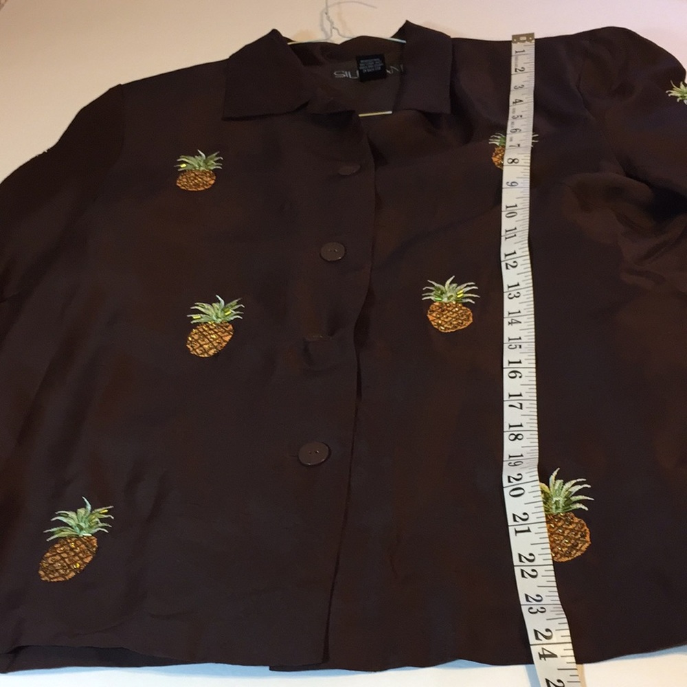 Silkland Brown Silk Top with Embroidered Beaded Pineapples Size 10 - Picture 13 of 15
